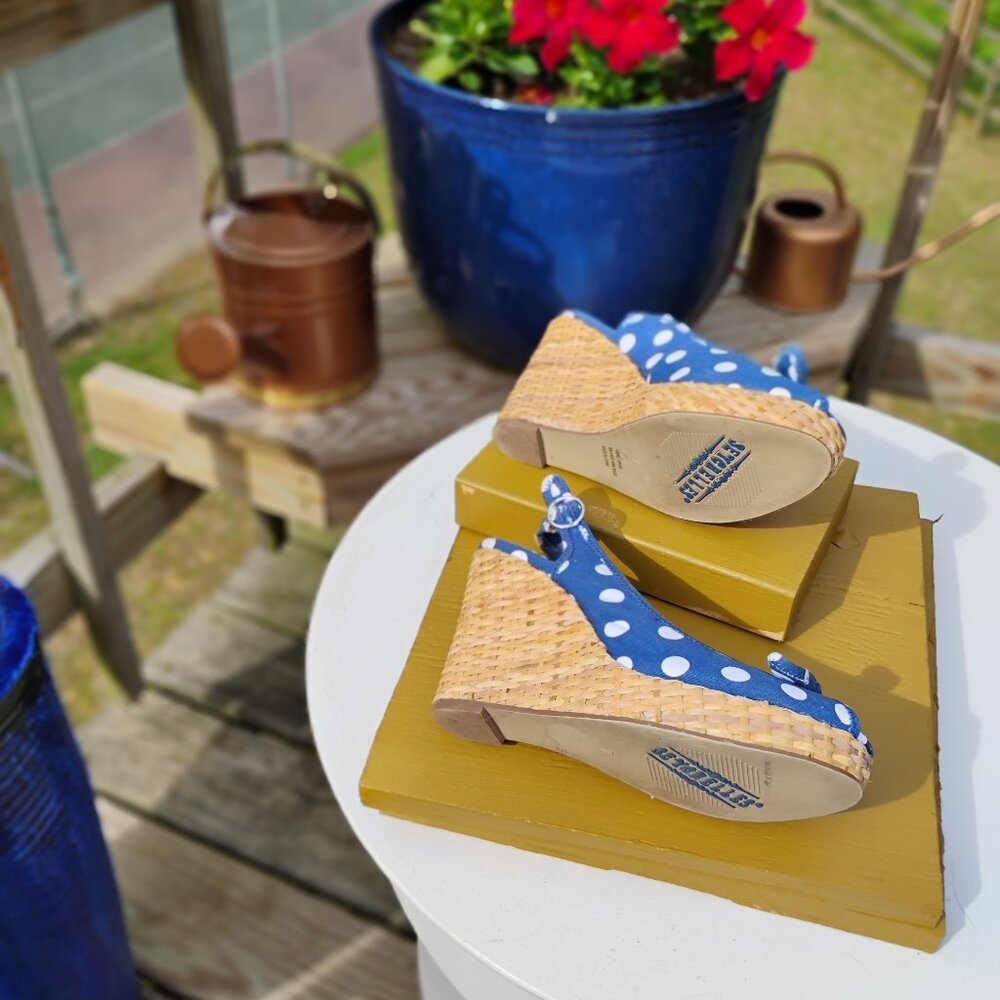 Seychelles “PS I Love You” Blue Polka Dot Wedges (Size 7) - Picture 2 of 4